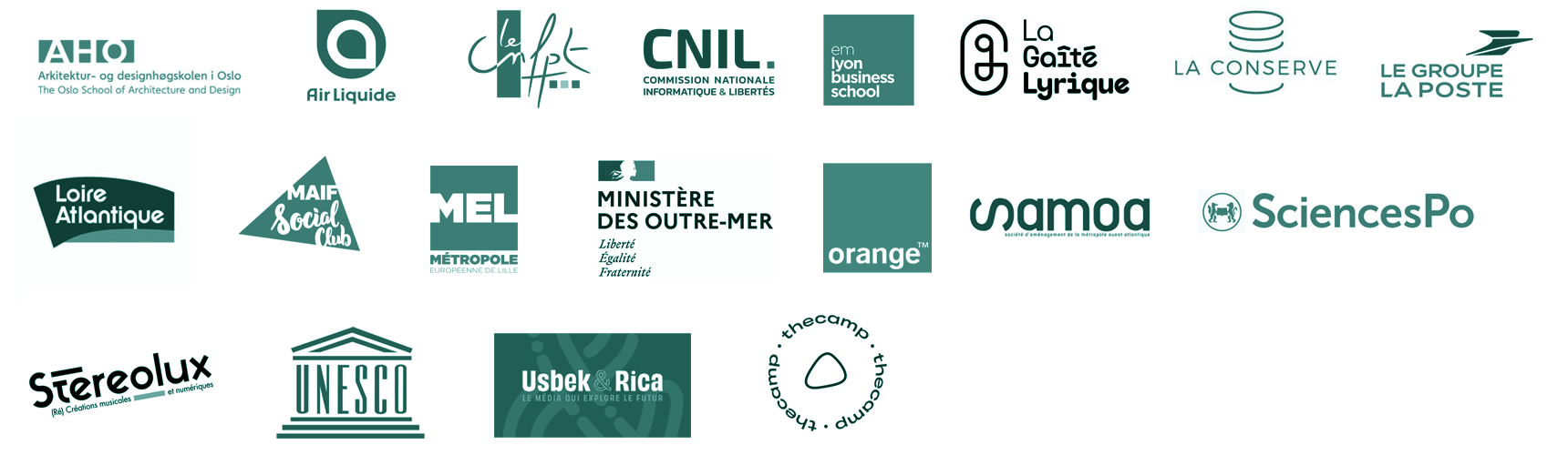 Les clients d'Oblique Futures, avec notamment la CNIL, le Ministère des Outre-Mer, la Gaité Lyrique, Usbek&Rica, le MAIF Social Club, le Département de Loire-Atlantique et de nombreux autres acteurs des secteurs privés et publics